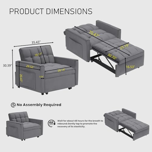 3 In 1 Velvet Convertible Sofa Bed, Pull Out Couch Bed with Reclining Backrest And 2 Pillows, 54" Full Size Loveseat Sleeper Sofa Futon Couch Bed, Couches For Small Spaces, Living Room (Dark Grey) - color: Dark Grey