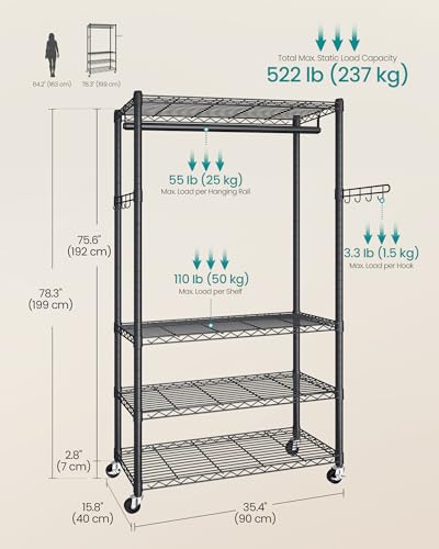 SONGMICS Heavy-Duty Rolling Clothes Rack, Garment Rack, Portable Closet on Wheels, with Adjustable Mesh Shelves and Hanging Rails, Hooks, 15.8 x 35.4 x 78.3 Inches, Ink Black ULGR418BH01 - size: 35.4"W-With Storage Shelves