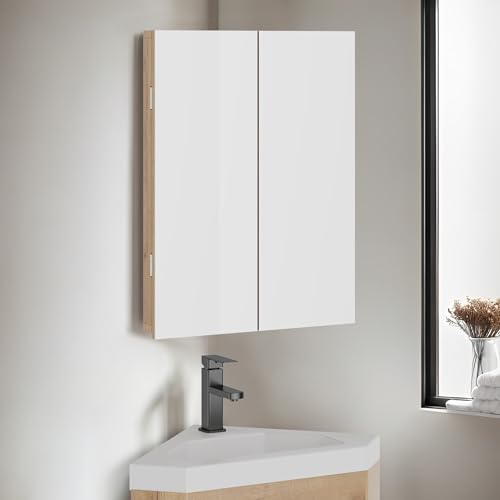 eclife 24" Bathroom Corner Medicine Cabinet W/Mirror, Double Doors Bathroom Nature Wall Mount Mirror Cabinet, Hanging Triple Shelf Storage Cabinet Opens Left and Right - color: Nature, size: 18"-Double Doors