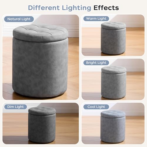 oakvivo 12.6" W x 14.17" H & 14.76" W x 17.32" H Storage Ottoman Foot Stool for Couch, Nesting Round Vanity Stools Padded Ottomen, Leather Set of 2 Footrest for Living Room,Grey - color: Grey