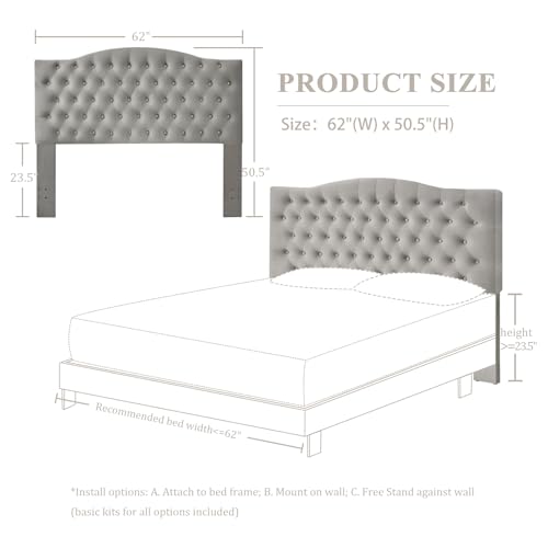 Furpopup Velvet Queen Headboard Only, Upholstered Wall Mount, Silver Gray | 2 ways to use:Wall-mounted (for adjustable bed) and bed frame mounted, Easy to assemble, Classic button design headboard - color: Silver Gray-velvet, size: Queen