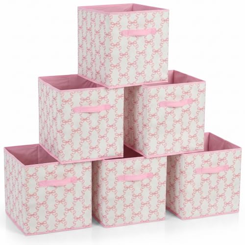 6 Pcs Pink Bow Cube Storage Bins 12.5 Inch Storage Basket with Handle, Cute Girls Organizer Basket, Collapsible Fabric Box for Classroom Bedrooms Office Home Decoration (Bow) - color: Bow grid