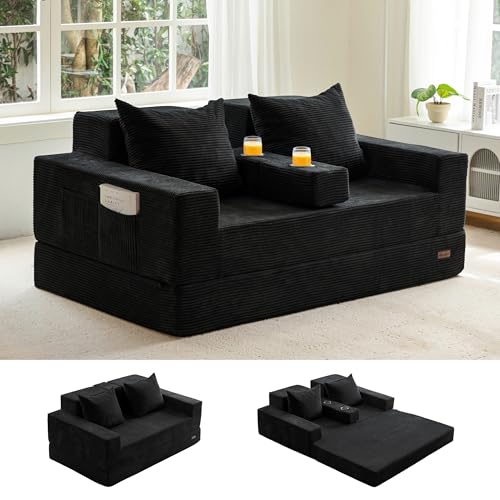 MAXYOYO Sofa Bed, 64-Inch Boneless Loveseat with 2 Cup Holders | Corded Black 4-in-1 Sofa Converts Into a Floor Couch or Recliner Chair; Sofa-in-a-Box Needs No Assembly for Living Rooms - color: Corded Black, size: Standard(64" Length)