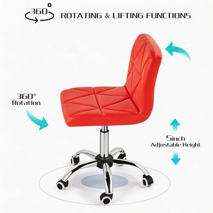 COSVALVE Armless Swivel Office Chair with Wheels, Adjustable Height | Armless Mid Back Chair With 360° Swivel, Adjustable Height & Rolling Wheels, Ideal For Home Offices, Conferences & Salons - color: Red