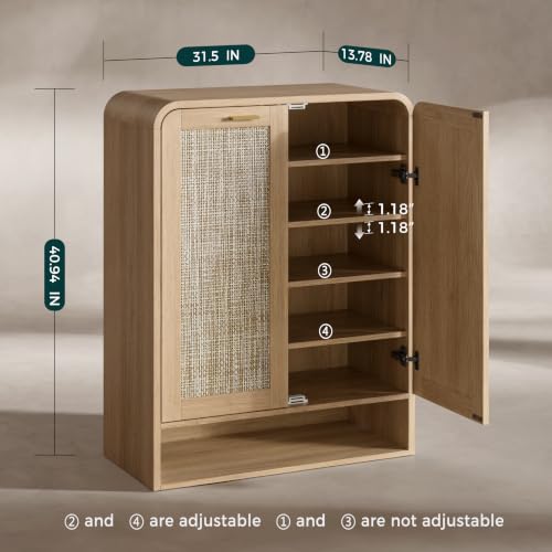 Evermagin 41 Inch Rattan Shoe Storage Cabinet Holds 24 Pairs, Natural Oak | 5-Tier Boho Shoe Cabinet with Doors, Modern Wooden Freestanding Shoe Storage Cabinet for Entryway Hallway , Living Room - color: Natural Oak