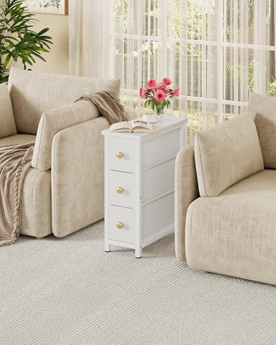 Narrow Side Table with 3 Fabric Drawers, Industrial Slim Bedside Table for Small Spaces, Bedroom, Living Room, Dormitory, White TBZ09WB - color: White