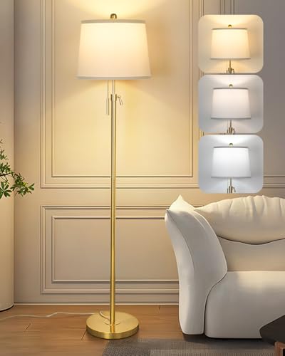JUNNAI Gold Floor Lamp for Living Room, Tall Standing Lamp 55-65" Adjustable Modern Brass Floor Lamps for Bedroom Reading Office Kids 3 Color Lights Corner Night Stand (9W LED Bulb, White Shade) - color: Gold+White Shade