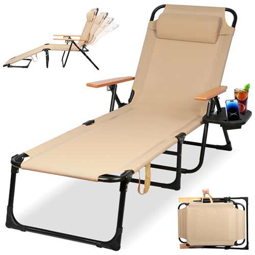 Beach Lounge Chair, Folding Outdoor Chaise Lounge Chair with Arms, 4-Position Backrest, Extended Sun Tanning Chair Pillow & Cup Holder, Patio Lounger for Outside for Beach Pool Patio Yard (Beige) - color: Beige