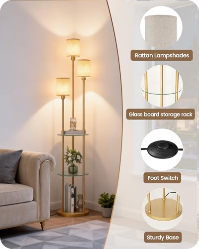Floor Lamp with Shelves, Modern Floor Lamp with 3 Linen Shades and Foot Switch, 3-Light Standing Lamp, for Living Room, Bedroom, Study, Office, Gold and Beige ED53LD05 - color: Gold + Beige