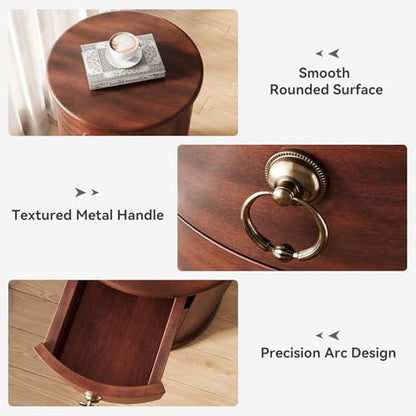 LITTLE TREE Small Side Table, Round Solid Wood End Table with Storage for Living Room, Mid Century Modern Nightstand with 4 Drawers for Bedroom, Small Spaces, Couch, Bedside, No Assembly Required - size: 1