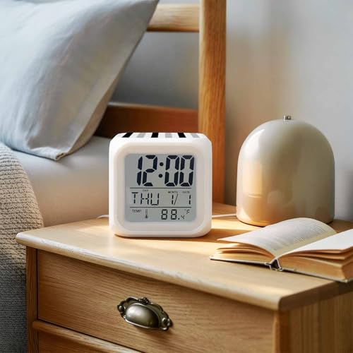 Digital Alarm Clocks for Bedroom,Abstract Stripes Geometric Cube Alarm Clock with Snooze and Nightlight Gray Black White Lines Silent Office Desk Clock Time/Date/Temperature Display - color: Black