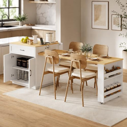 Kitchen Island, Extendable Dining Table with Power Outlet | Extendable dining table seats 2-6 guests, slides from compact prep island to family dining setup - color: White Oak + Natural Wood Grain Table + Mdf