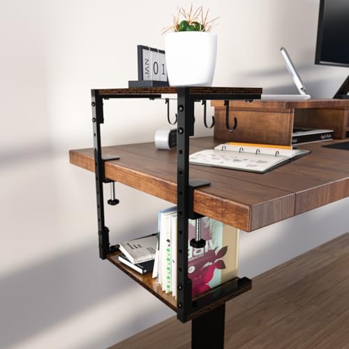 Clamp-On Desk Organizer Shelf, 13 inch Adjustable Height and Versatile Hook, Above or Below Desk 2-Tier Shelving, Shelving for Table Accessories, Gaming Devices, and More