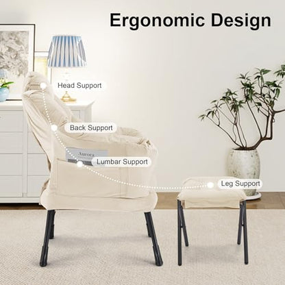 Lazy Chair with Ottoman, Modern Accent Lounge Chair with Side Pocket and Armrests, Cozy Reading Armchair with Footrest, Upholstered Sofa Chair for Small Spaces, Bedroom Living Room, Beige - color: Beige