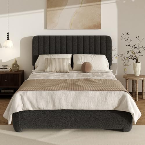 Full Size Cloud Bed Frame, Upholstered Boucle Platform Bed with Round Corner Adjustable Headboard, Modern Style, No Box Spring Needed, Never Squeak, Easy Assembly, Black - color: Black, size: Full