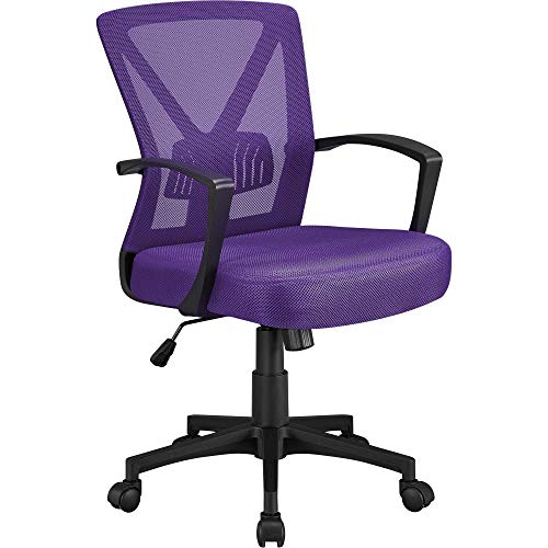 Yaheetech Mid-Back Mesh Task Office Desk Chair with Wheels and Arms, Purple | Breathable mesh back and foam-padded seat for all-day comfort; sturdy metal frame, height adjustable, and easy to assemble - color: Purple, style: Modern
