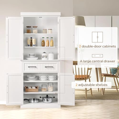 Yaheetech 72.5" H Freestanding 4-Door Kitchen Storage Cabinet,White | Stand up pantry with adjustable shelves and wide drawer in an engineered wood body for kitchen/Living Room