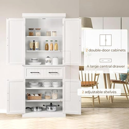Yaheetech 72.5" H Freestanding 4-Door Kitchen Storage Cabinet,White | Stand up pantry with adjustable shelves and wide drawer in an engineered wood body for kitchen/Living Room