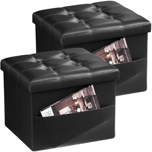 Bsketa Storage Ottoman Bench, 16" Folding Leather Foot Rest, Black 2 Pack | Small Ottoman with Side Pockets, Thicker Foam Padded Seat, Livingroom, Dorm, Bedroom, Easy to install, 38L, 16x12x12in - color: Black-with Side Pockets..
