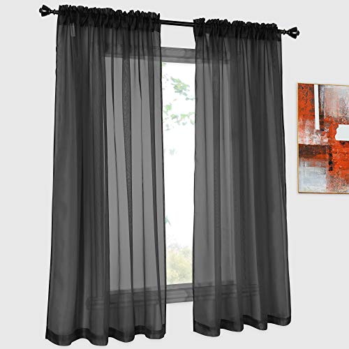 2 Panels Window Sheer Curtains 52 x 63 Inches (104 Total Width) Rod Pocket Voile Panels for Bedroom Living Rooms Solid Sheer Curtains Black - color: Black, size: 52"W x 63"L (Pack of 2)