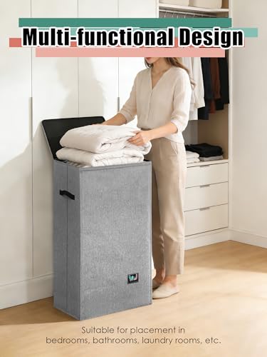 WTREE Laundry Hamper with Lid, Reinforced Sturdy Clothes Hamper with Anti-Puncture Base, Large Collapsible Laundry Basket with Removable Liner Bag, Tall Dirty Clothes Bin for Family, 100L Grey - color: Grey