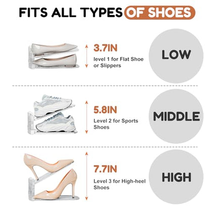 Shoe Stacker, Shoe Slot Organizer for Closet, Shoe Storage Rack | 12 Pack, Clear, 50% Space Saver, 3 Adjustable Height, Tool-Free Assembly, 30% Thicker, Superior Load Bearing - size: 12 Pack