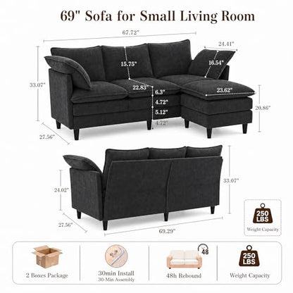 Convertible Sectional Sofa, 69" Small Cloud L-Shaped 3-Seat Couch with Movable Ottoman & Curved Armrest, Modern Chenille Fabric for Living Room, Apartment and Small Space, Black - color: Black, size: 3-Seat with Ottoman