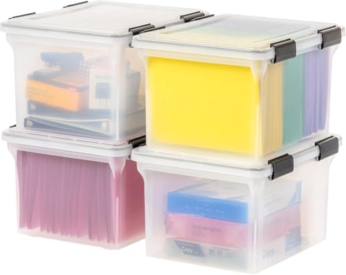 IRIS USA WeatherPro File Box Organizer, Letter/Legal, 32 Qt. 4-Pack, Clear | Organize important documents with water-resistant protection, secure latches, and stackable design for home or office storage - style: WeatherPro - 4 Pack
