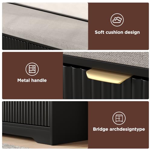 Maupvit 39.4" Fluted Shoe Bench with Storage, Narrow Entryway Bench, Black | with Removable Seat Cushion & 2 Flip-Drawers, Shoe Cabinet Bench, Boho Hidden Shoe Rack for Entrance, Hallway, Living Room - color: Black