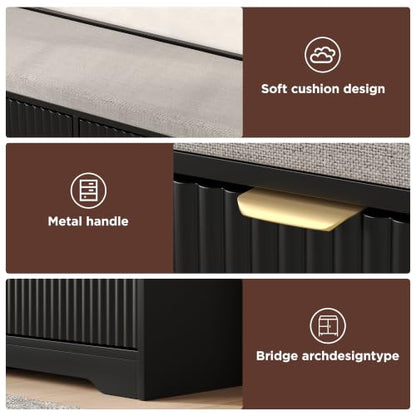 Maupvit 39.4" Fluted Shoe Bench with Storage, Narrow Entryway Bench, Black | with Removable Seat Cushion & 2 Flip-Drawers, Shoe Cabinet Bench, Boho Hidden Shoe Rack for Entrance, Hallway, Living Room - color: Black