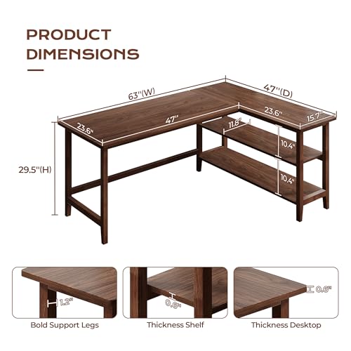 IOTXY 63" Reversible L-Shaped Office Desk with Storage Shelves, Walnut | Solid Rubberwood Legs, 0.6" MDF Desktop, Reversible 2-tier Shelves, Extra Large Corner Computer Table for Multiple Monitors - color: Walnut, size: 63-inch