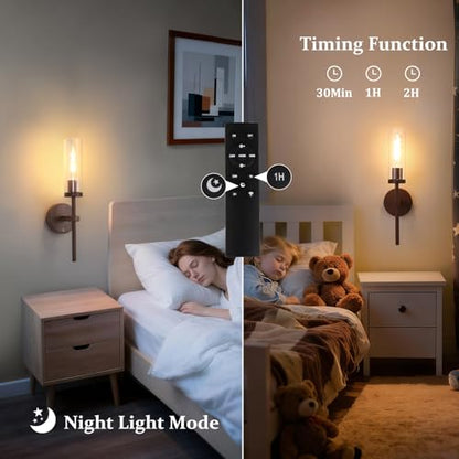 Shenmoyl Battery Operated Wall Sconces Set of 2, Walnut Color Rechargeable Wall Lighting Fixtures, Dimmable Wall Lights with Remote & Clear Glass Shade for Living Room, Bathroom,Bedroom - color: Walnut - Clear Glass