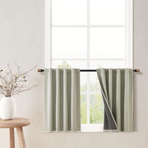 Sage Green 100% Blackout Kitchen Linen Curtains Back Tab Pleated Short Drape 24 Inch Length Privacy Elegant Mini Cafe Curtain for Rustic Farmhouse Sound Proof Bedroom Small Window 26x24 - color: Sage Green, size: 26"W x 24"L (Pack of 2)