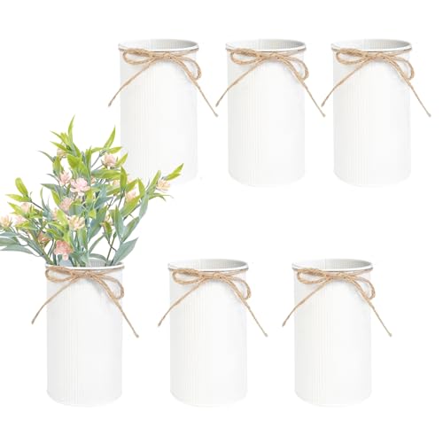6" High Rustic Metal Mason Jar Vase Centerpiece for Table, White, 6 pcs | Leakproof, Galvanized metal, With twine bow, for wedding / parties / home/ office, For fresh & fake flowers, Utensil holder‌ - color: White