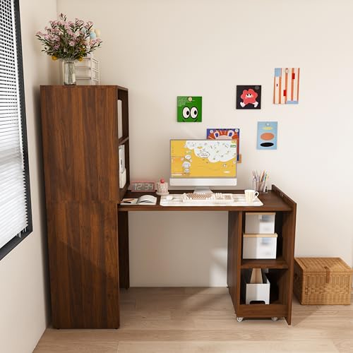Foldable Wall Mounted Desk with Storage Shelves & Blackboard, Fold-Out Convertible Writing Table for Small Spaces | Space-Saving Floating Computer Desk for Home Office (Walnut) - color: Walnut