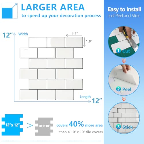 STICKGOO Subway Tile Peel and Stick Backsplash, Thicker Design 12" x 12" Stick on Backsplash Tiles for Kitchen, Bathroom, Wall Tile (10 Sheets, Warm White with Grey Grout) - color: Warm White With Grey Grout