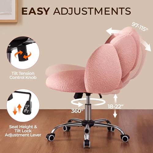 Yaheetech Pink Petal Boucle Makeup Vanity Desk Chair with Wheels, Swivel | Soft foam-padded boucle fabric fits vanity, bedroom, office or sewing desks; adjustable height, swivel wheels, fast assembly. - color: Pink