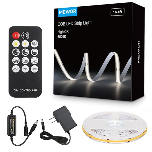 LED Strip Lights with Remote, 16.4ft 6500K Cuttable Dimmable Bright Daylight, White COB LED Strip Light for Mirror, Stair, Cabinet, Room - color: 6500K-Daylight White