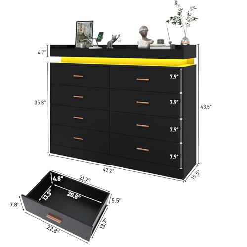 jiteentarou 8 Drawer Dresser with Charging Station and LED Lights, Modern Chest of Drawers with Power Outlet, Organizer Cabinet for Bedroom, Living Room, Black - color: Black, size: 15.4"D x 47.2"W x 43"H (8 Drawers)