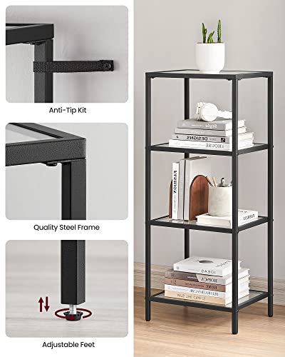 VASAGLE Bookcase, 4-Tier Bookshelf, Slim Shelving Unit for Bedroom, Bathroom, Home Office, Tempered Glass, Steel Frame, Ink Black ULGT028B61 - color: Ink Black, size: 4 Tiers (15.7"W x 37.4"H)