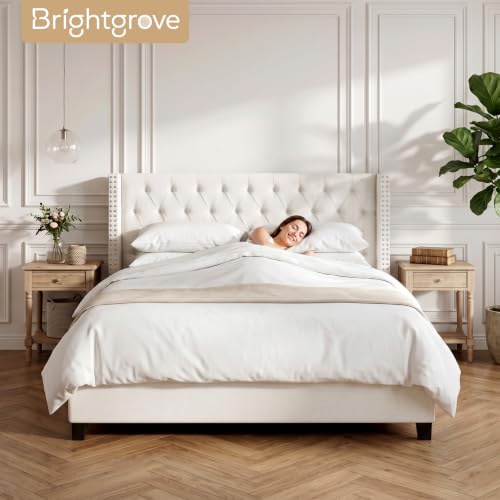King Size Linen Upholstered Headboard, for the Bedroom Beige | Adjustable-Height Tufted Channel Design Padded Head Board Wingback with Nailhead Trim Luxury Bed Headboard - color: Beige, size: King (U.S. Standard)