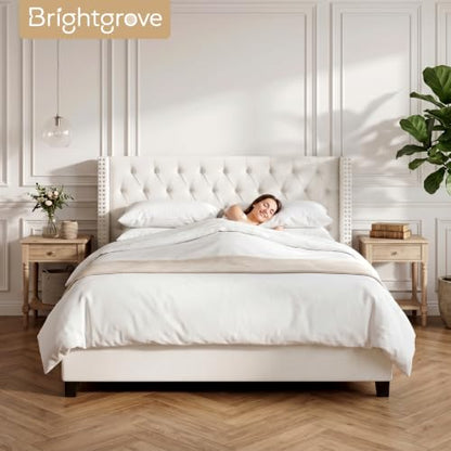 King Size Linen Upholstered Headboard, for the Bedroom Beige | Adjustable-Height Tufted Channel Design Padded Head Board Wingback with Nailhead Trim Luxury Bed Headboard - color: Beige, size: King (U.S. Standard)