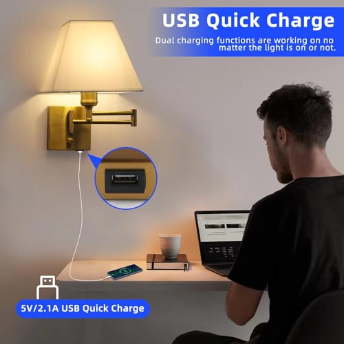 Wall Mounted Lamp Plug in Wall Sconce with Dimmable Switch Swing Arm Wall Lamp Whire Fabric Shade with USB Port Gold Wall Sconce Suitable for Hallway Bedroom Living Room… - color: Gold
