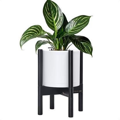 D'vine Dev Plastic Pot with Ebony Wood Stand, White, 8 in, 55-C-K-1 | Mid-Century Inspired Design, Elevated Plant Display, Clean Lines, Sturdy Support, Modern Space-Saving Style - color: Matte White Pot + Ebony Stand, size: 8 Inch