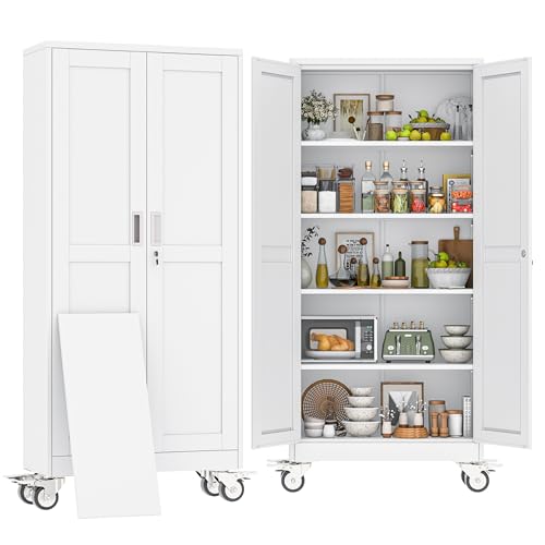 71" H Metal Pantry Storage Locker Cabinet with Wheels,Rolling Kitchen Pantry Cabinet with 2 Doors and 4 Adjustable Shelves, Lockable Steel Garage Tool Cabinet Organization for Home,Gym,School,White - color: 4white, size: 15"D x 29.9"W x 71"H