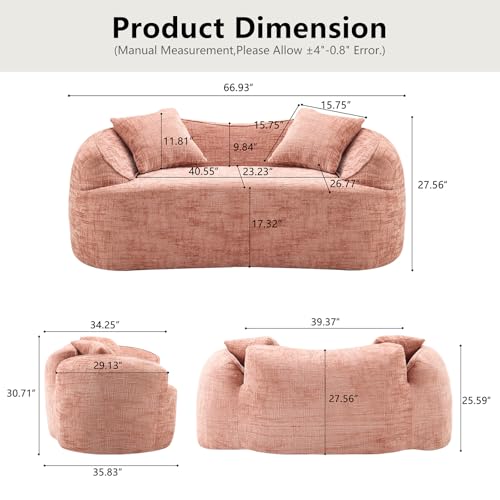 67" Curved Loveseat Sofa with 2 Pillows, Modern Boneless Couch in a Box, Small Cloud Loveseat for Bedroom Small Space Apartment Living Room, Memory Foam, Chenille, No Assembly (Pink) - color: Pink