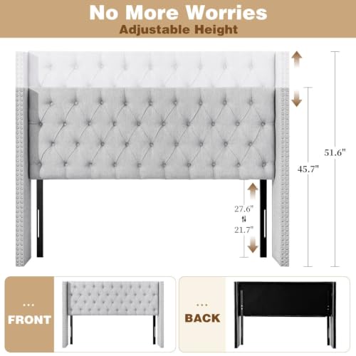 Queen Size Linen Upholstered Headboard, for the Bedroom Grey | Adjustable-Height Tufted Channel Design Padded Head Board Wingback with Nailhead Trim Luxury Bed Headboard - color: Gray, size: Queen (U.S. Standard)