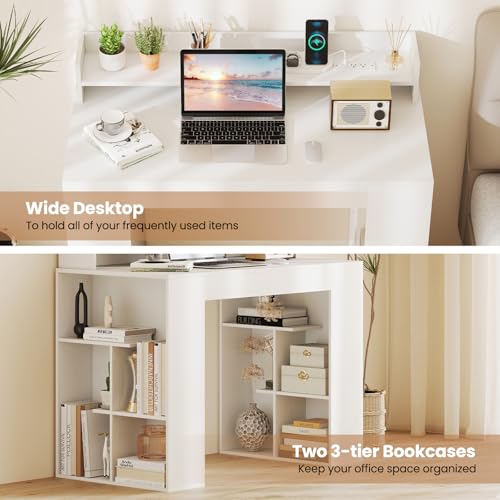 GIANTEX White Desk with Storage Shelves, 43" Home Office Computer Desk with Charging Station, Dual 3 Tier Bookshelf & Monitor Stand, PC Table Workstation, Modern Study Writing Desk for Bedroom, Dorm