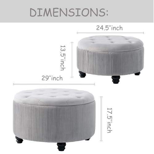 29'' & 24.5'' Round Storage Ottoman Coffee Table Set of 2, Light Gray | Ottoman with Storage, Removable Lid, Upholstered Footrest Stool for Living Room Bedroom, Easy Assembly, Velvet Ottomans - color: Large-light Grey