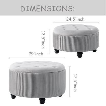 29'' & 24.5'' Round Storage Ottoman Coffee Table Set of 2, Light Gray | Ottoman with Storage, Removable Lid, Upholstered Footrest Stool for Living Room Bedroom, Easy Assembly, Velvet Ottomans - color: Large-light Grey